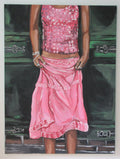 A painting of a person from the chest down wearing a pink sequined top and a pink skirt, standing in front of a dark green and black background.