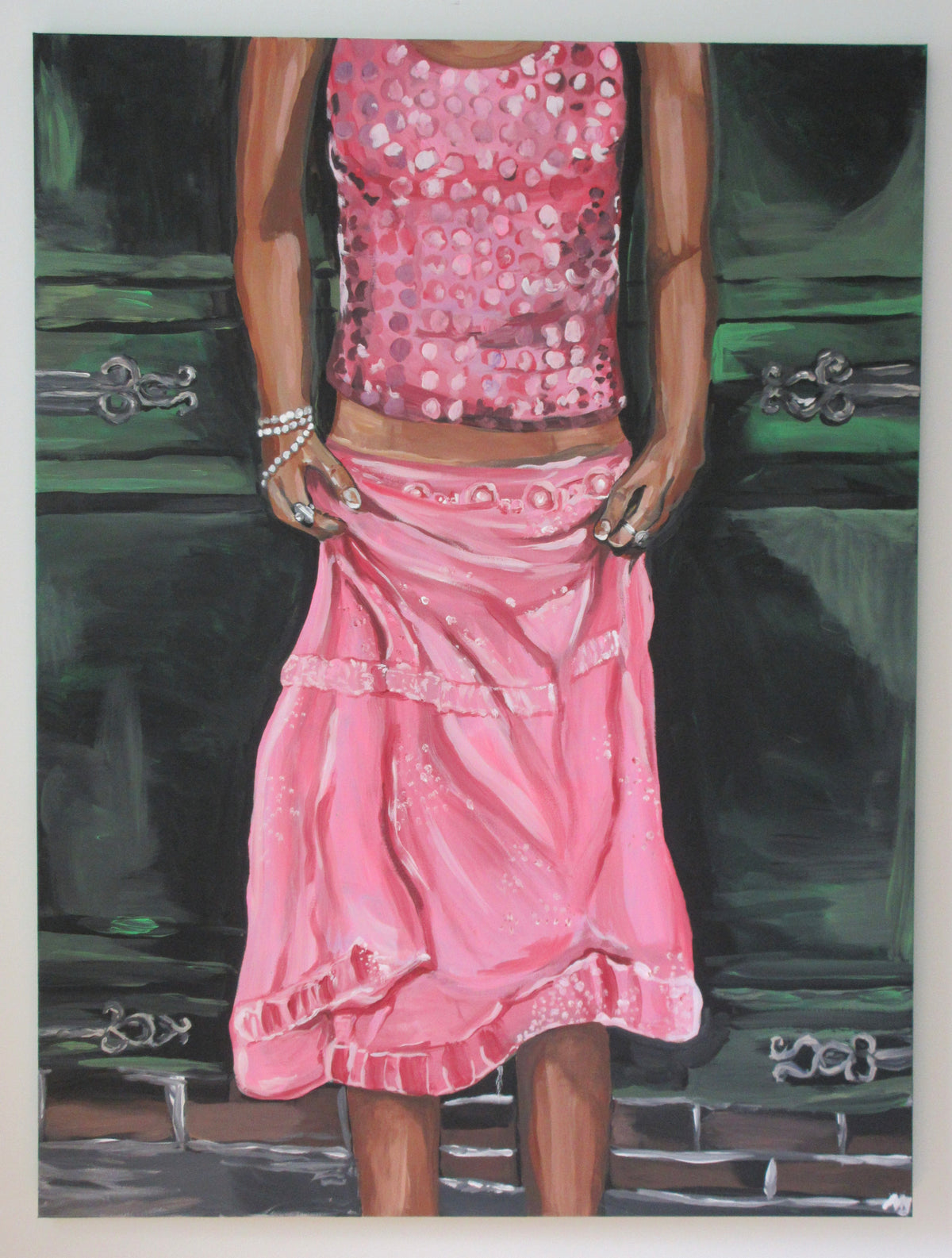 A painting of a person from the chest down wearing a pink sequined top and a pink skirt, standing in front of a dark green and black background.