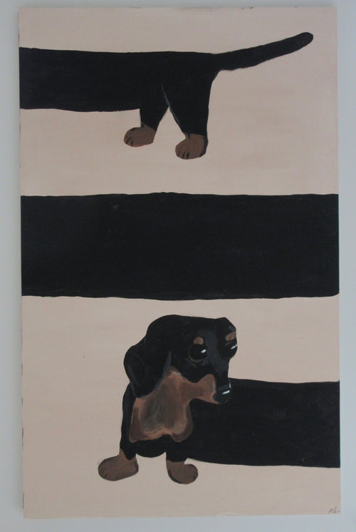 An abstract painting of a dachshund rendered in black and brown tones against a cream background with bold black horizontal bands.