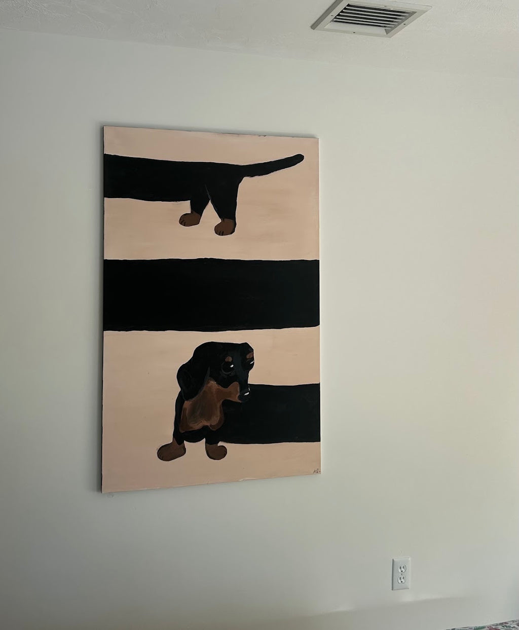 A vertical canvas painting of a dachshund on a beige and black striped background, hanging on a white wall.